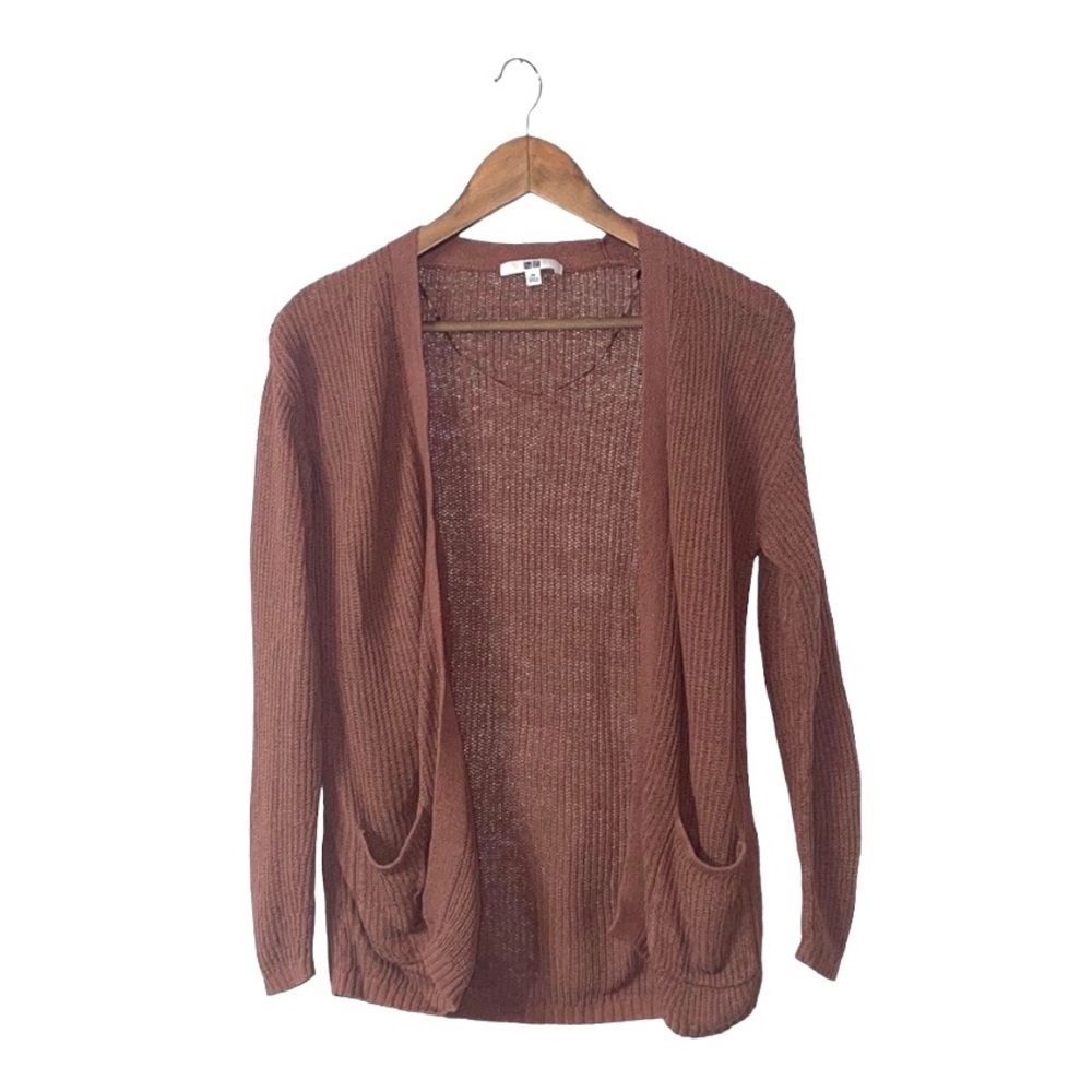 Uniqlo Brown Mauve Cardigan Sweater Open Front Linen Cotton Rayon Womens XS